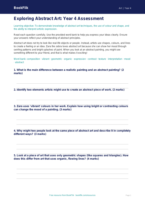 Free Abstract Art Assessment | Year 4 | Art | BookFlik worksheet preview — Art Abstract Art