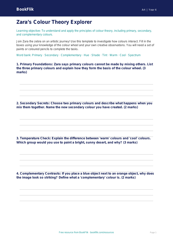 Art colour theory template year 4 core worksheet preview — Art Colour Theory