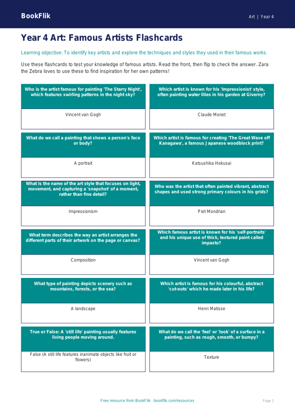 Art famous artists flashcards year 4 core worksheet preview — Art Famous Artists