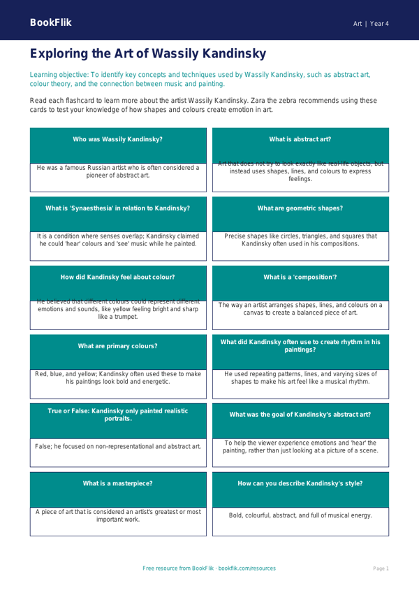 Art kandinsky flashcards year 4 core worksheet preview — Art Kandinsky