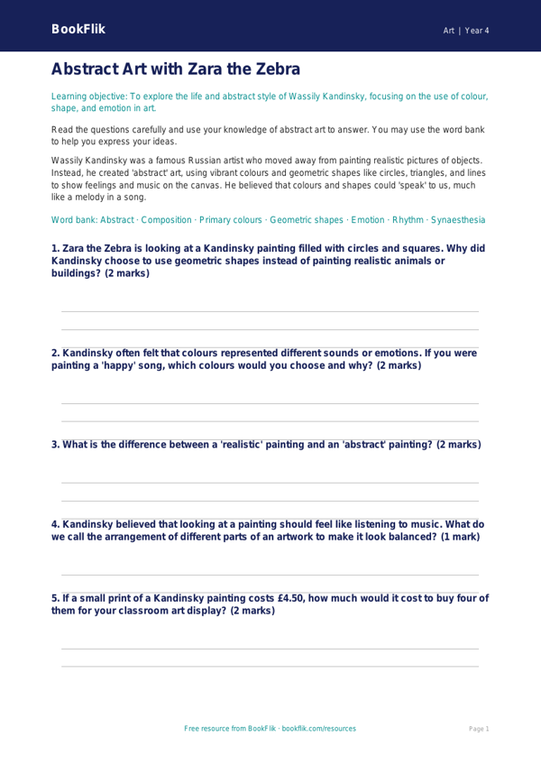 Free Kandinsky Worksheet | Year 4 | Art | BookFlik worksheet preview — Art Kandinsky