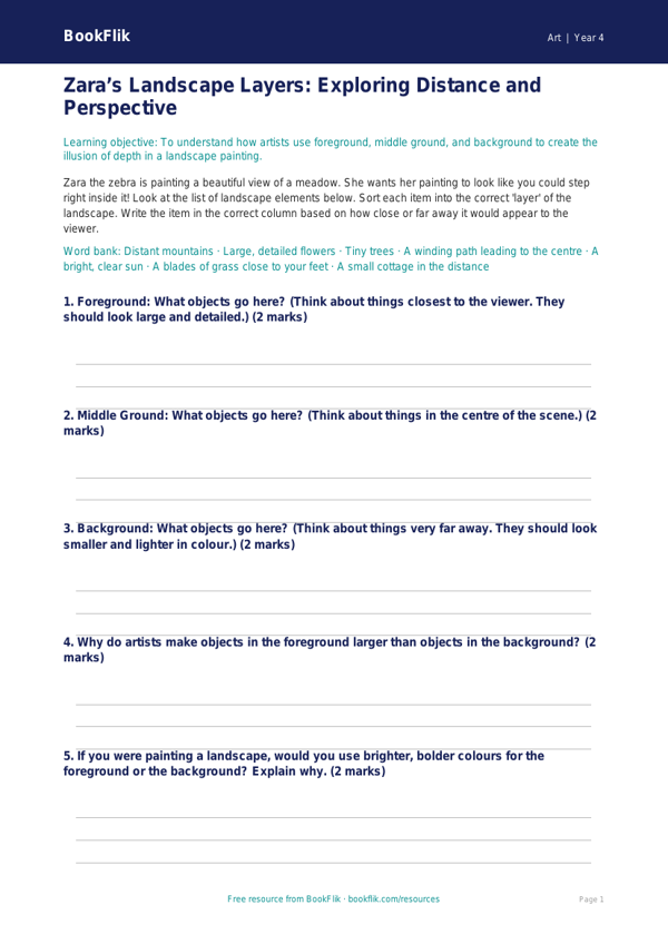 Free Landscapes Activity Sheet | Year 4 | Art | BookFlik worksheet preview — Art Landscapes