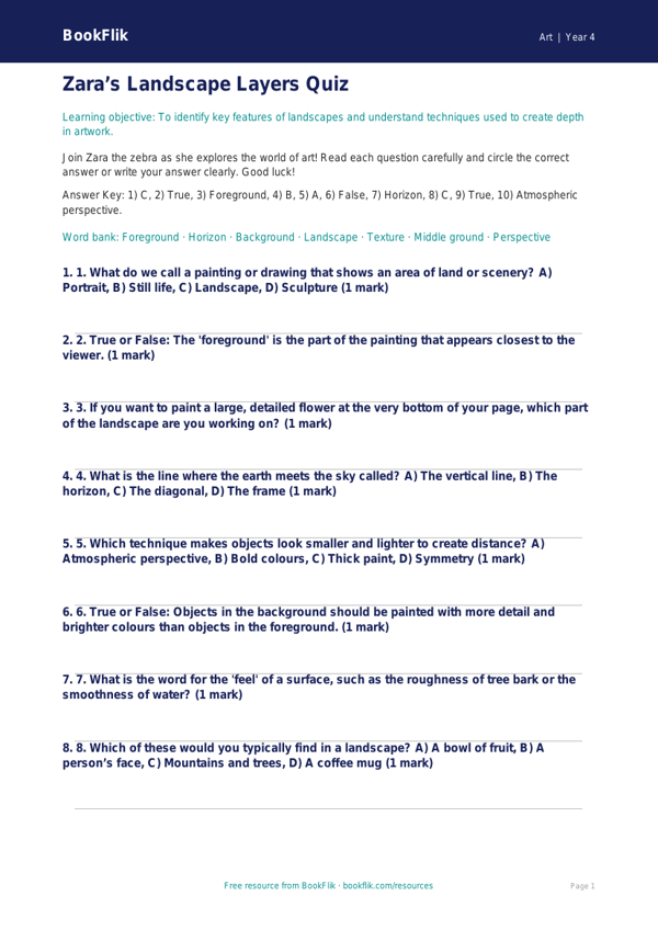 Free Landscapes Quiz | Year 4 | Art | BookFlik worksheet preview — Art Landscapes