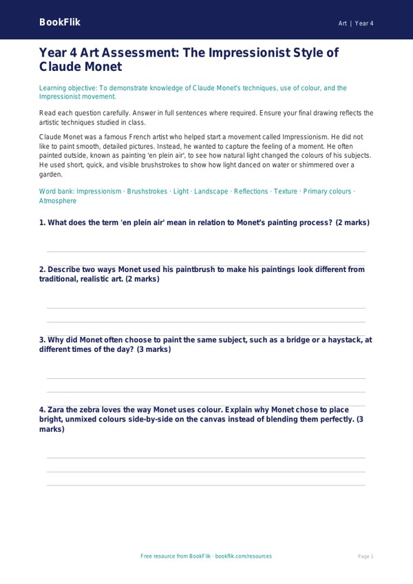 Free Monet Assessment | Year 4 | Art | BookFlik worksheet preview — Art Monet
