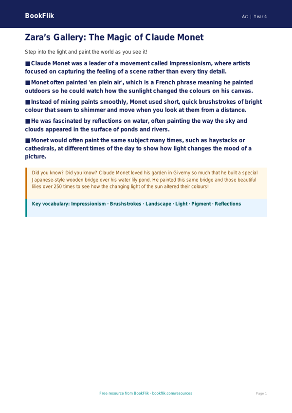 Art monet poster year 4 core worksheet preview — Art Monet