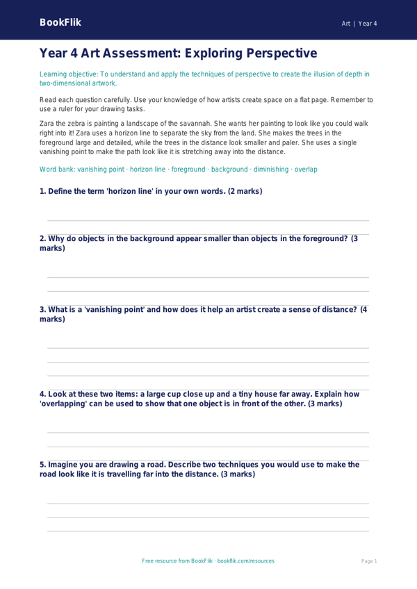 Free Perspective Assessment | Year 4 | Art | BookFlik worksheet preview — Art Perspective