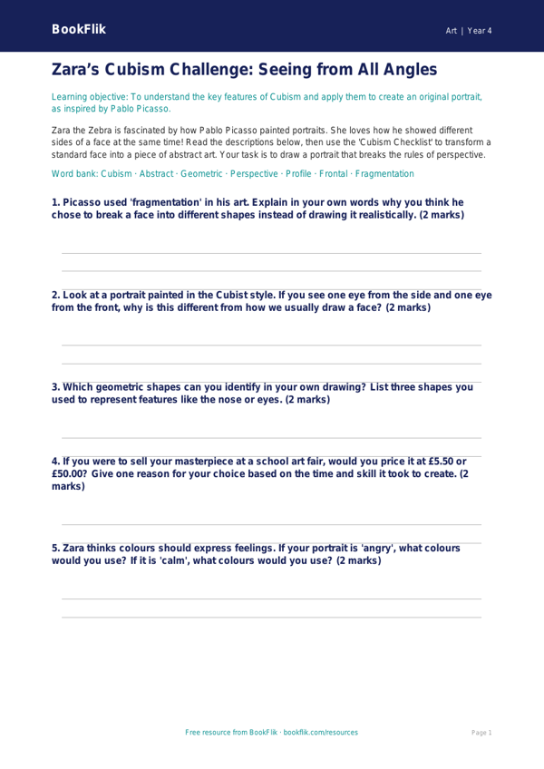 Free Picasso Activity Sheet | Year 4 | Art | BookFlik worksheet preview — Art Picasso