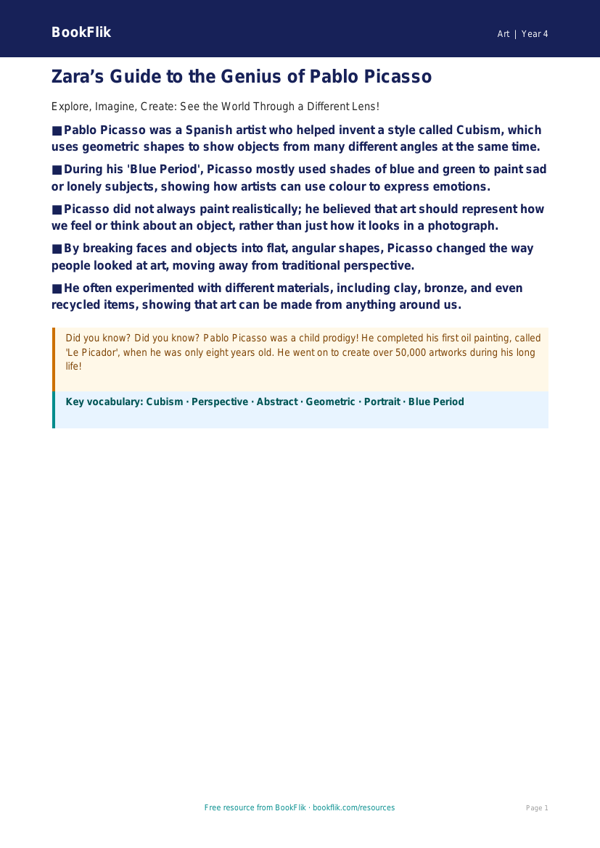 Art picasso poster year 4 core worksheet preview — Art Picasso