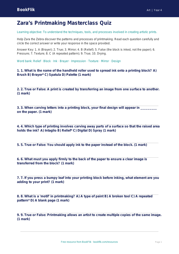 Free Printmaking Quiz | Year 4 | Art | BookFlik worksheet preview — Art Printmaking