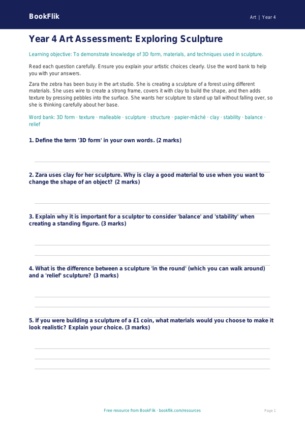 Art sculpture assessment year 4 core worksheet preview — Art Sculpture