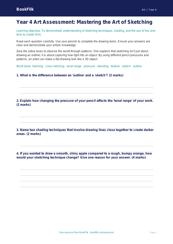 Free Sketching Assessment | Year 4 | Art | BookFlik worksheet preview — Art Sketching