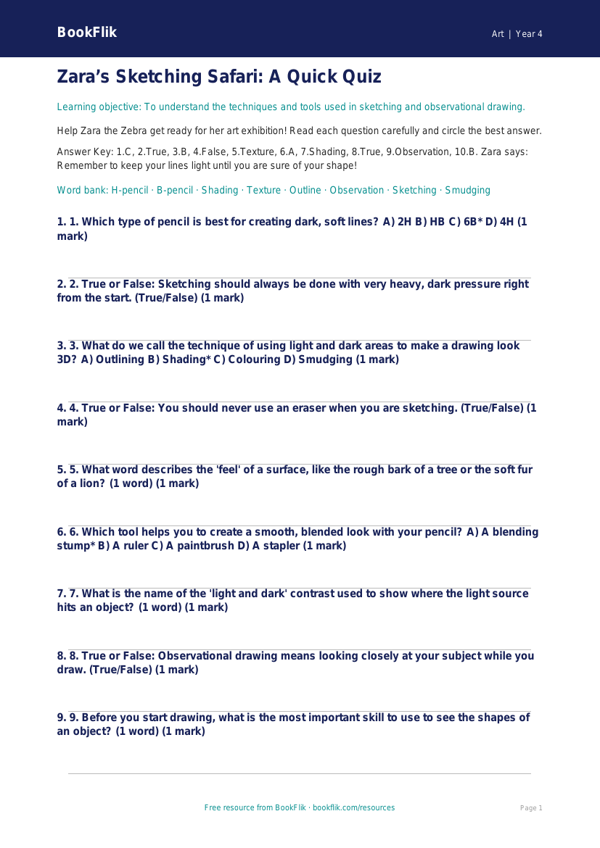 Free Sketching Quiz | Year 4 | Art | BookFlik worksheet preview — Art Sketching