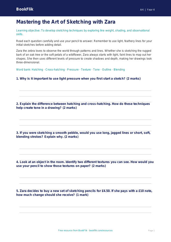 Free Sketching Worksheet | Year 4 | Art | BookFlik worksheet preview — Art Sketching