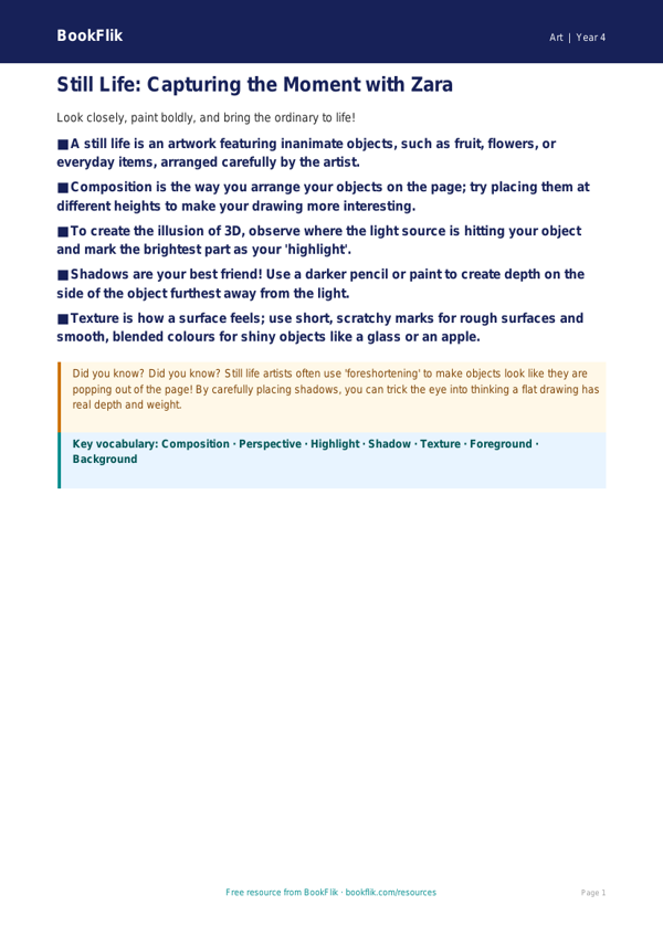Free Still Life Poster | Year 4 | Art | BookFlik worksheet preview — Art Still Life