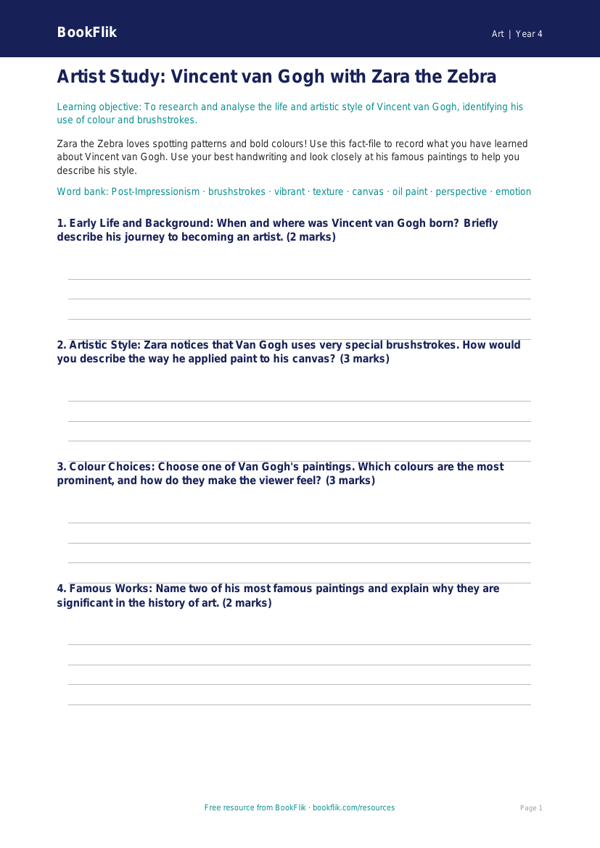 Free Van Gogh Template | Year 4 | Art | BookFlik worksheet preview — Art Van Gogh