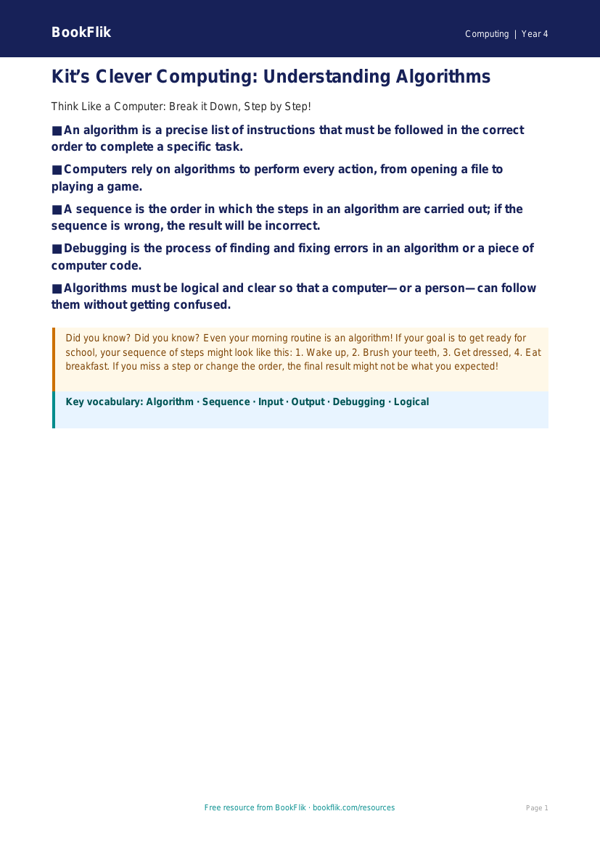 Free Algorithms Poster for Year 4 Computing | BookFlik worksheet preview — Computing Algorithms