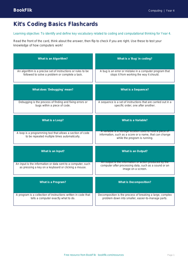 Free Coding Flashcards for Year 4 Computing | BookFlik worksheet preview — Computing Coding