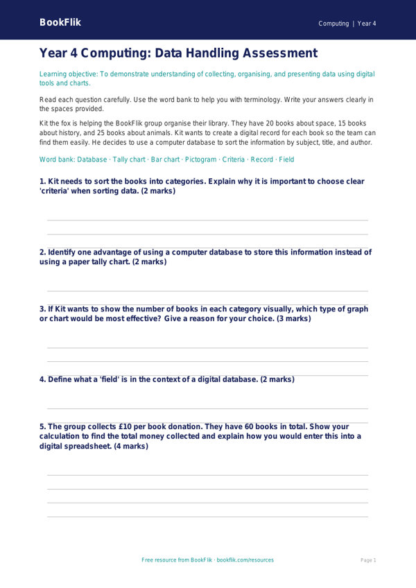 Free Data Handling Assessment for Year 4 Computing | BookFlik worksheet preview — Computing Data Handling