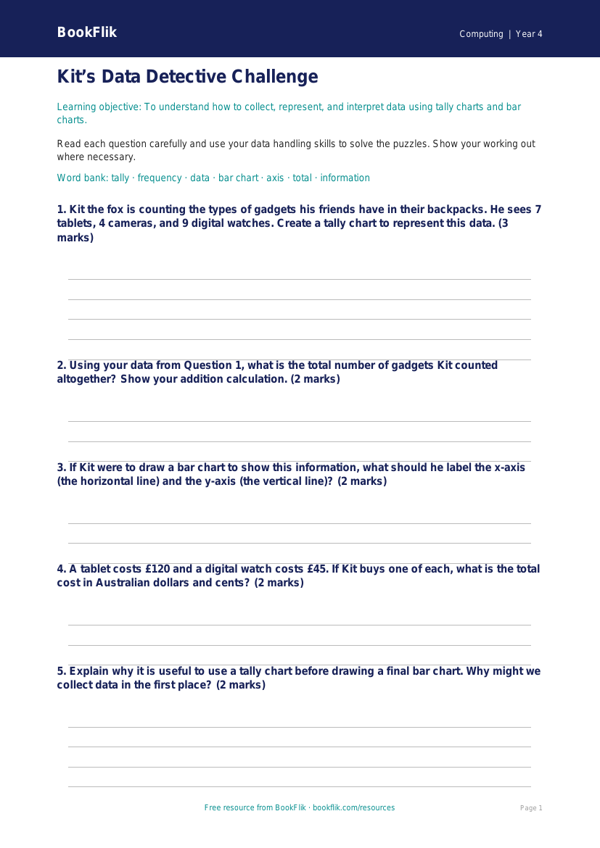 Free Data Handling Worksheet | Year 4 | Computing | BookFlik worksheet preview — Computing Data Handling