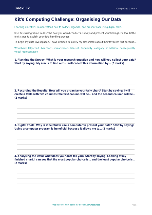 Free Data Handling Writing Frame for Year 4 Computing | BookFlik worksheet preview — Computing Data Handling