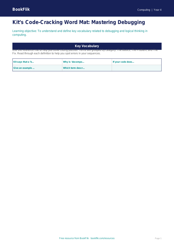 Free Debugging Word Mat | Year 4 | Computing | BookFlik worksheet preview — Computing Debugging