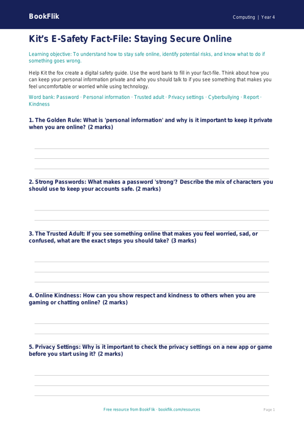 Free e Safety Template for Year 4 Computing | BookFlik worksheet preview — Computing E Safety