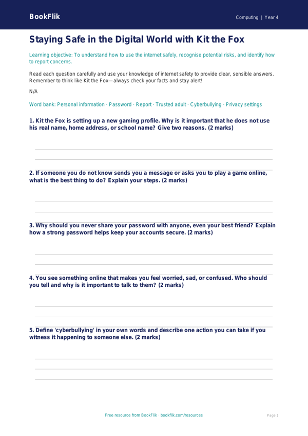 Free Internet Safety Worksheet | Year 4 | Computing | BookFlik worksheet preview — Computing Internet Safety