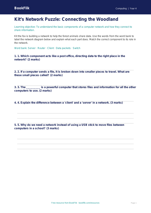 Free Networks Activity Sheet | Year 4 | Computing | BookFlik worksheet preview — Computing Networks
