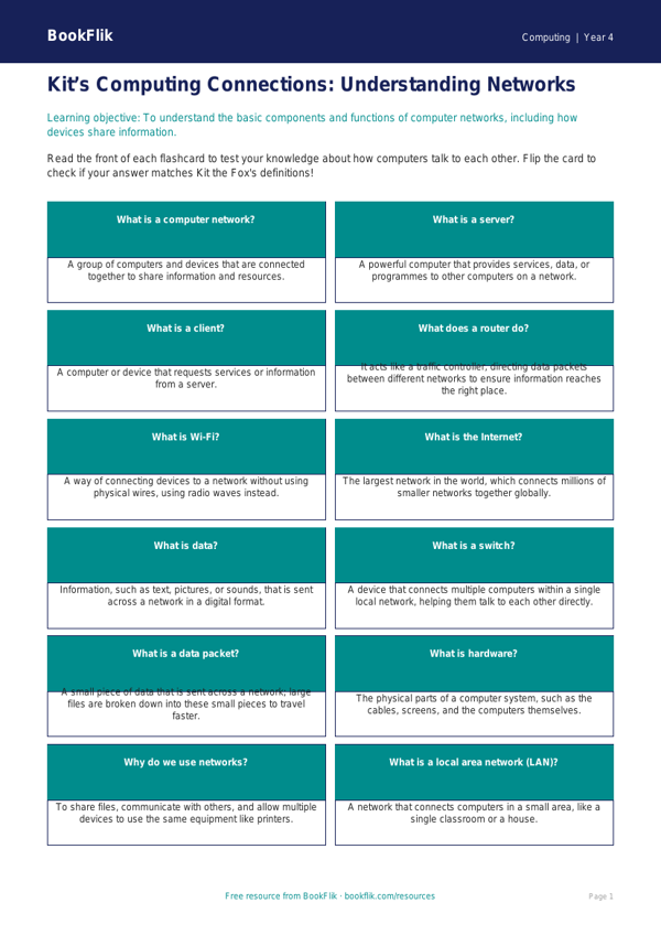 Free Networks Flashcards | Year 4 | Computing | BookFlik worksheet preview — Computing Networks