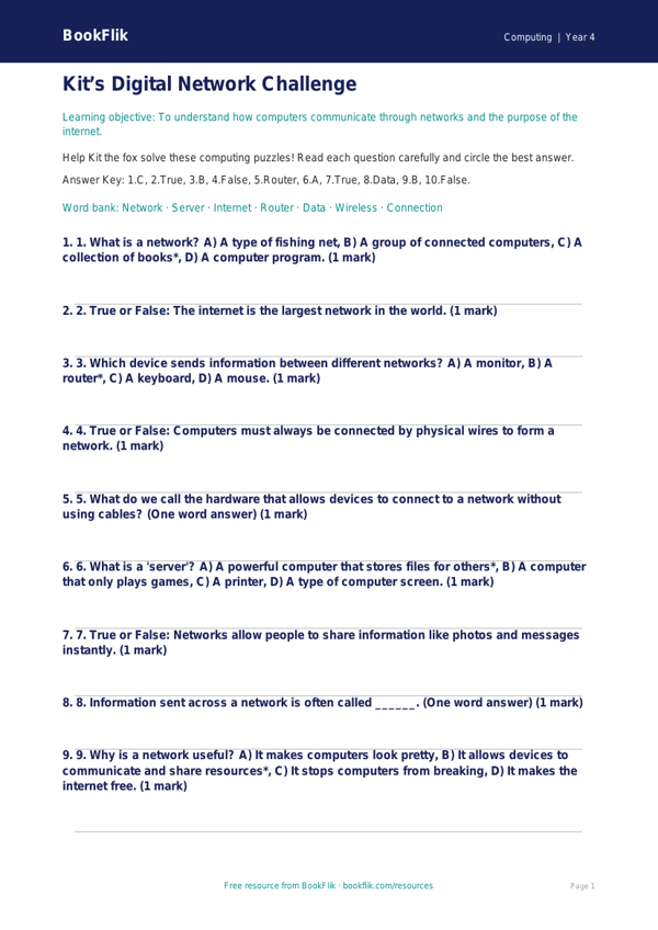 Free Networks Quiz for Year 4 Computing Students | BookFlik worksheet preview — Computing Networks