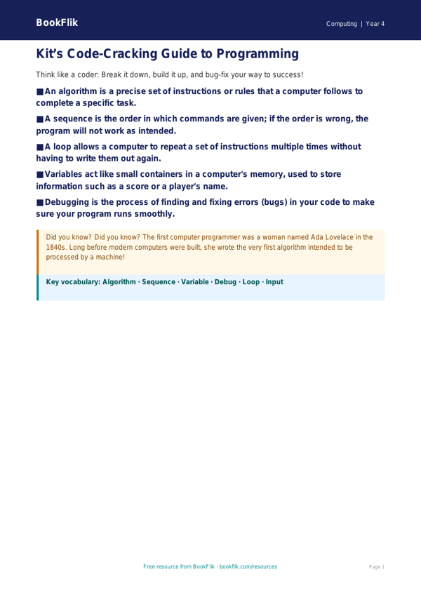 Free Programming Poster for Year 4 Computing | BookFlik worksheet preview — Computing Programming