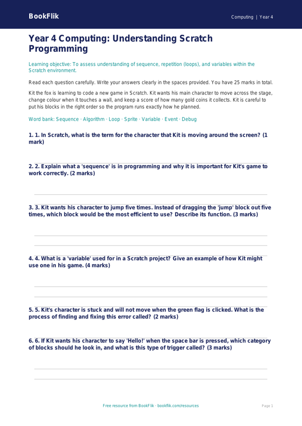 Free Scratch Assessment for Year 4 Computing | BookFlik worksheet preview — Computing Scratch