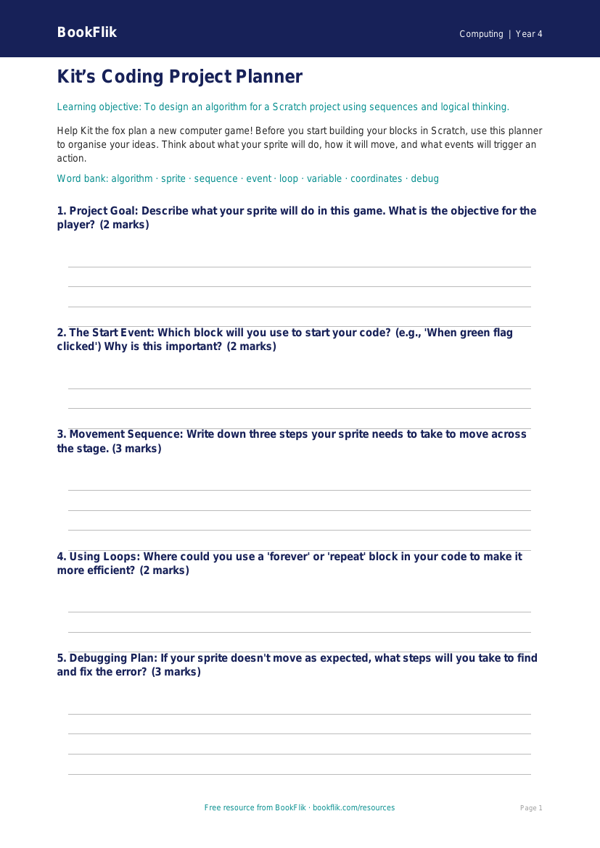 Free Scratch Template for Year 4 Computing | BookFlik worksheet preview — Computing Scratch