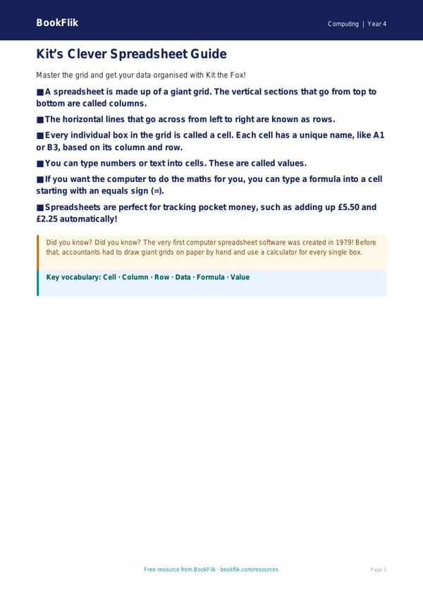 Free Spreadsheets Poster for Year 4 Computing | BookFlik worksheet preview — Computing Spreadsheets