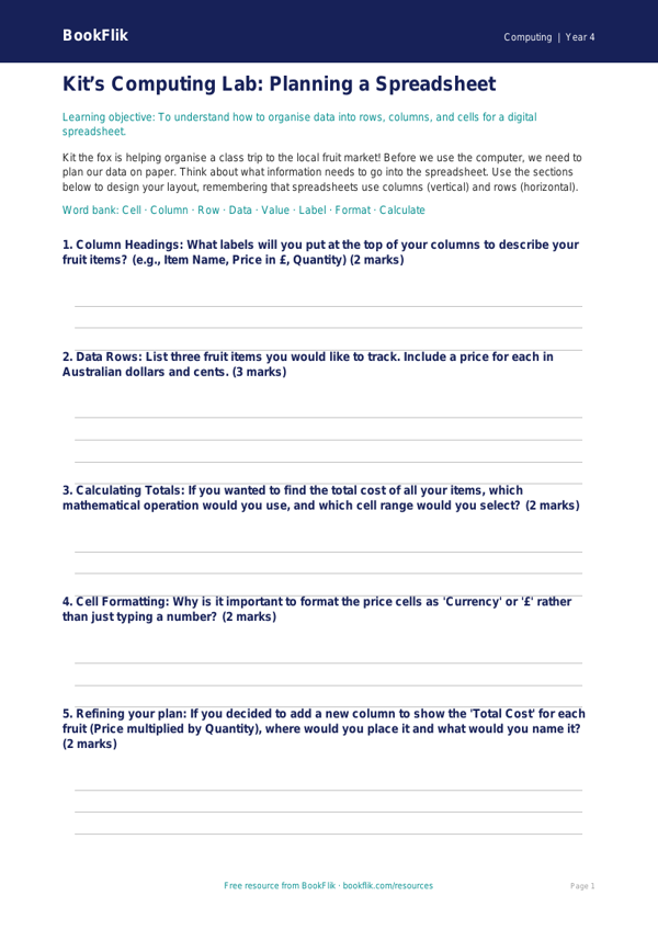Free Spreadsheets Template for Year 4 Computing | BookFlik worksheet preview — Computing Spreadsheets