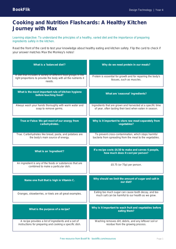 Free Cooking Nutrition Flashcards | Year 4 | Design Technology | BookFlik worksheet preview — Design-Technology Cooking Nutrition