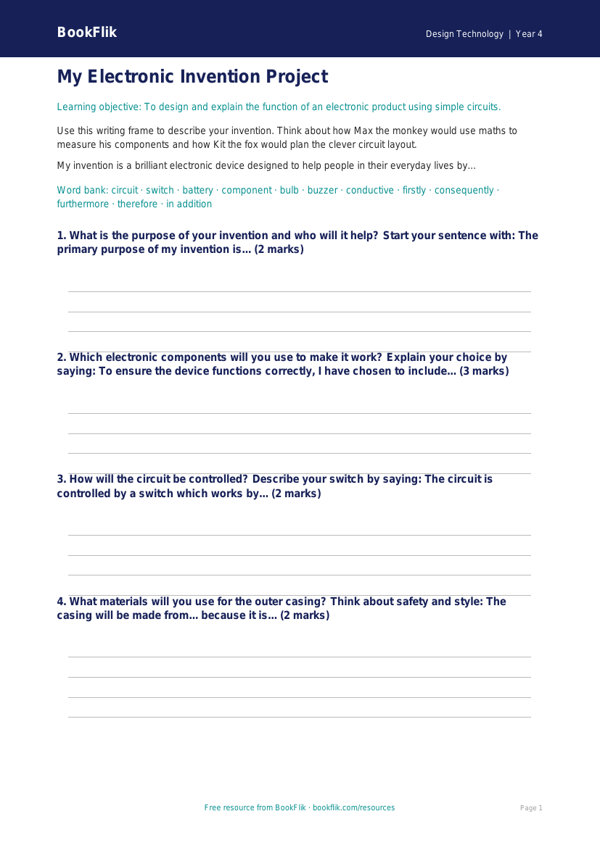Free Electronics Writing Frame | Year 4 | Design Technology | BookFlik worksheet preview — Design-Technology Electronics