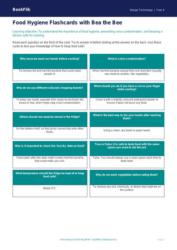 Free Food Hygiene Flashcards for Year 4 Design Technology | BookFlik worksheet preview — Design-Technology Food Hygiene