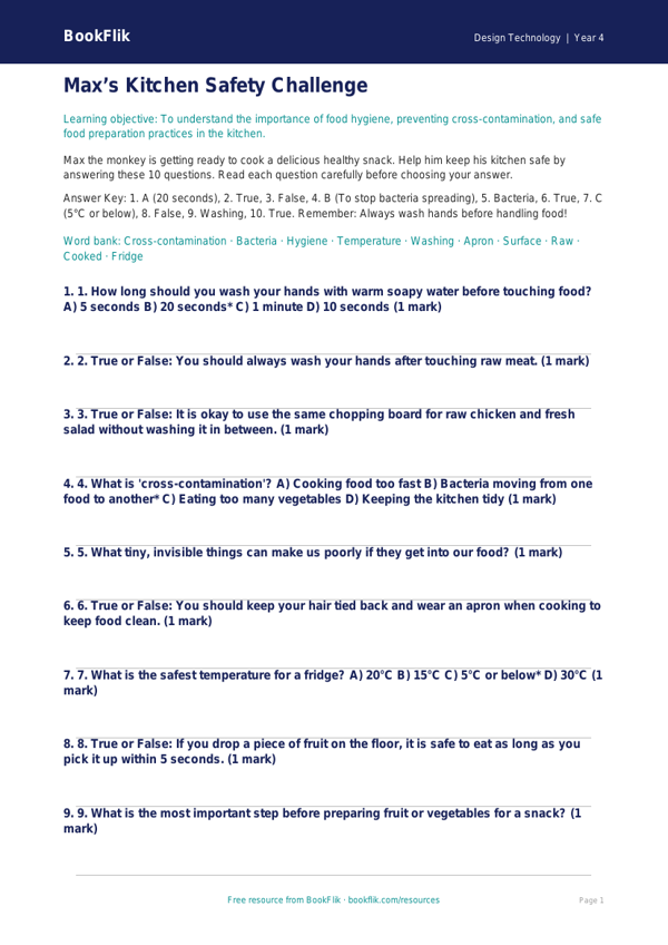 Free Food Hygiene Quiz | Year 4 | Design Technology | BookFlik worksheet preview — Design-Technology Food Hygiene