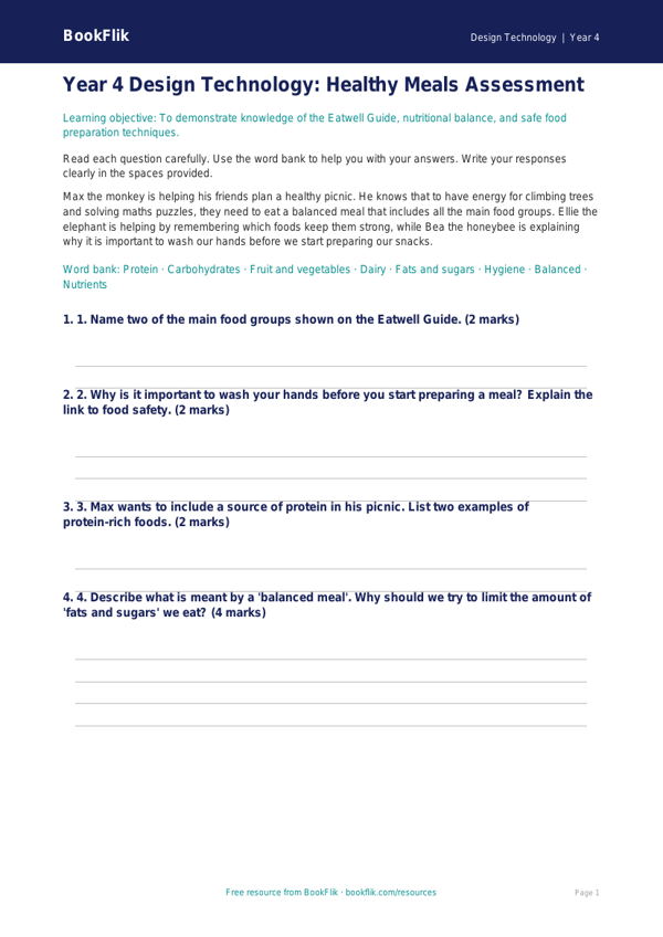 Free Healthy Meals Assessment | Year 4 | Design Technology | BookFlik worksheet preview — Design-Technology Healthy Meals