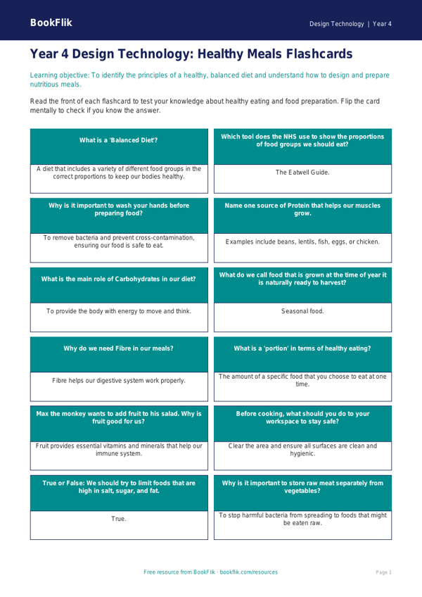Design Technology healthy meals flashcards year 4 core worksheet preview — Design-Technology Healthy Meals