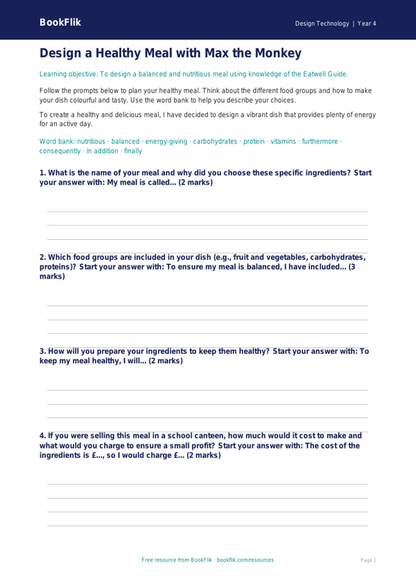 Design Technology healthy meals writing frame year 4 core worksheet preview — Design-Technology Healthy Meals