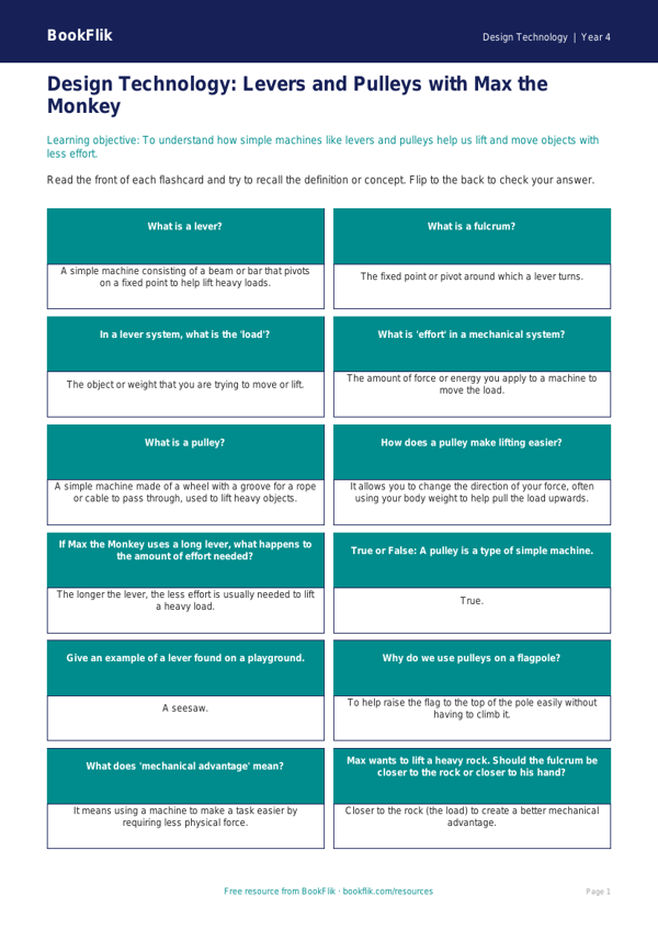 Free Levers And Pulleys Flashcards | Year 4 | Design Technology | BookFlik worksheet preview — Design-Technology Levers And Pulleys