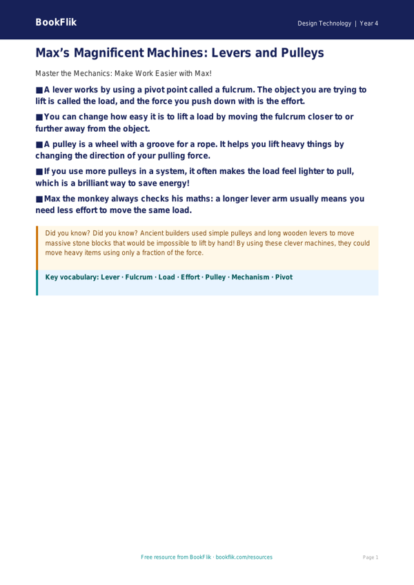 Free Levers And Pulleys Poster | Year 4 | Design Technology | BookFlik worksheet preview — Design-Technology Levers And Pulleys