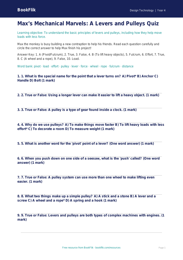 Free Levers And Pulleys Quiz | Year 4 | Design Technology | BookFlik worksheet preview — Design-Technology Levers And Pulleys