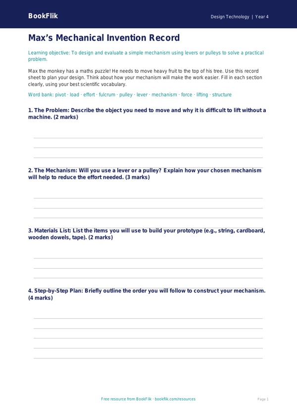Free Levers And Pulleys Template | Year 4 | Design Technology | BookFlik worksheet preview — Design-Technology Levers And Pulleys