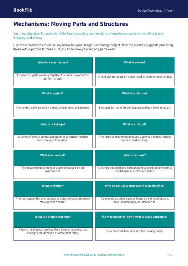 Free Mechanisms Flashcards for Year 4 Design Technology | BookFlik worksheet preview — Design-Technology Mechanisms