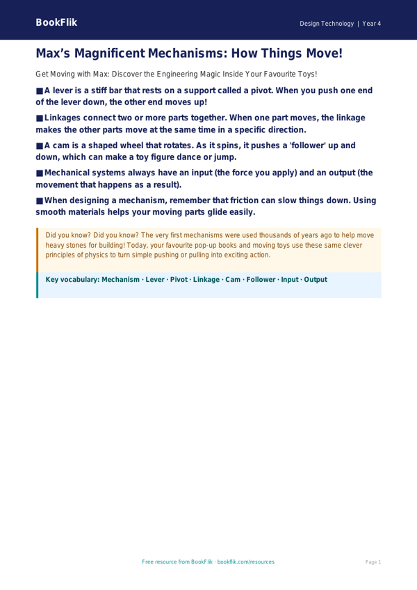 Free Mechanisms Poster | Year 4 | Design Technology | BookFlik worksheet preview — Design-Technology Mechanisms