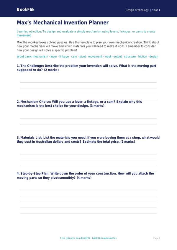 Free Mechanisms Template | Year 4 | Design Technology | BookFlik worksheet preview — Design-Technology Mechanisms
