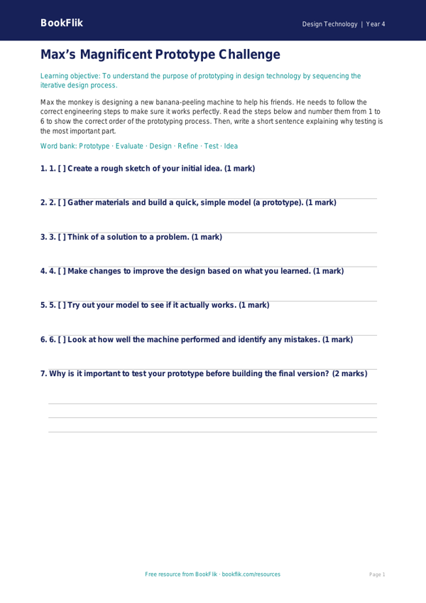 Design Technology prototyping activity sheet year 4 core worksheet preview — Design-Technology Prototyping